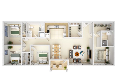 Floor plan for 4 beds, 2 baths, 1406 sqft